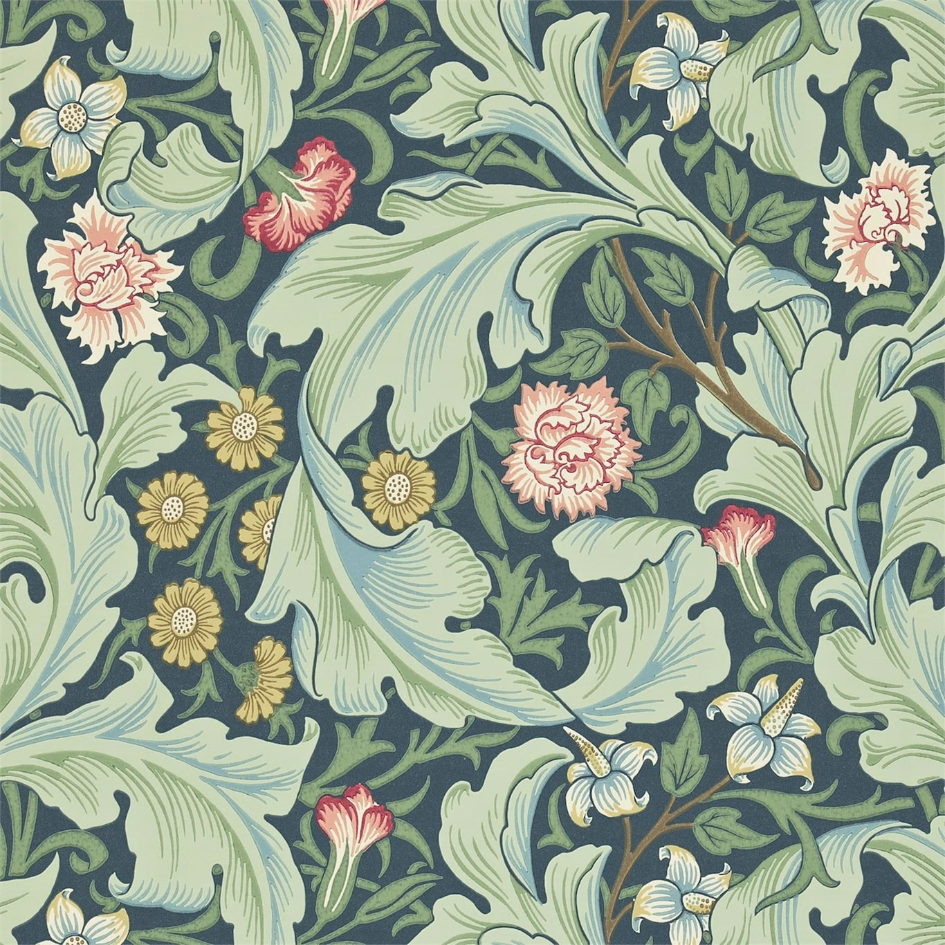 Sage acanthus leaves and pink flowers over a deep woad botanical ground