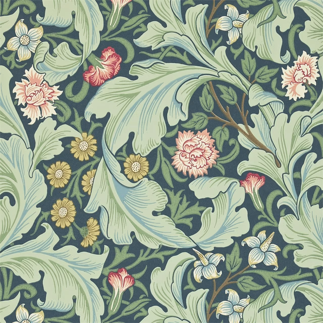 Sage acanthus leaves and pink flowers over a deep woad botanical ground