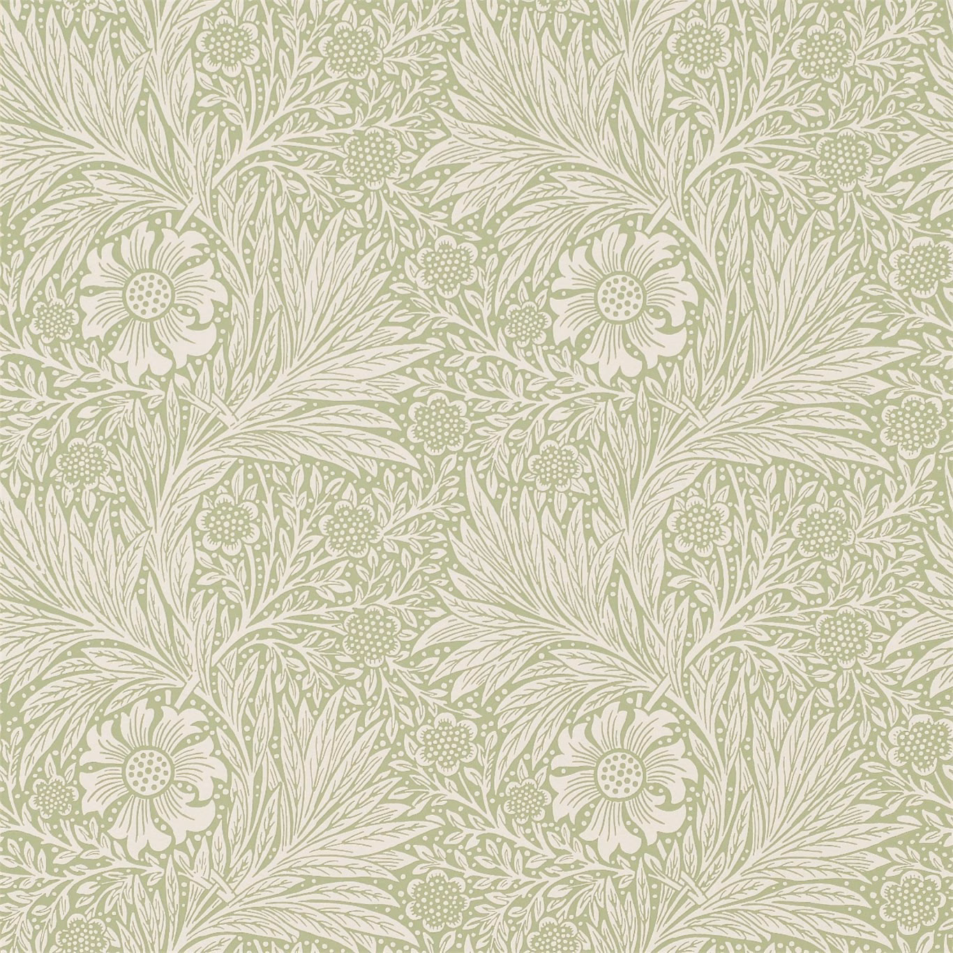 Pale artichoke sage wallpaper with cream flowers, sweeping leaves and dotted botanical motifs