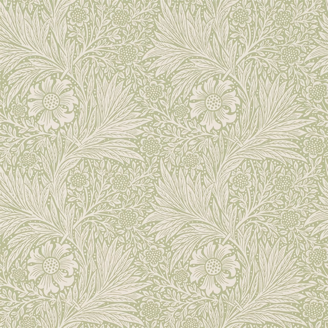 Pale artichoke sage wallpaper with cream flowers, sweeping leaves and dotted botanical motifs