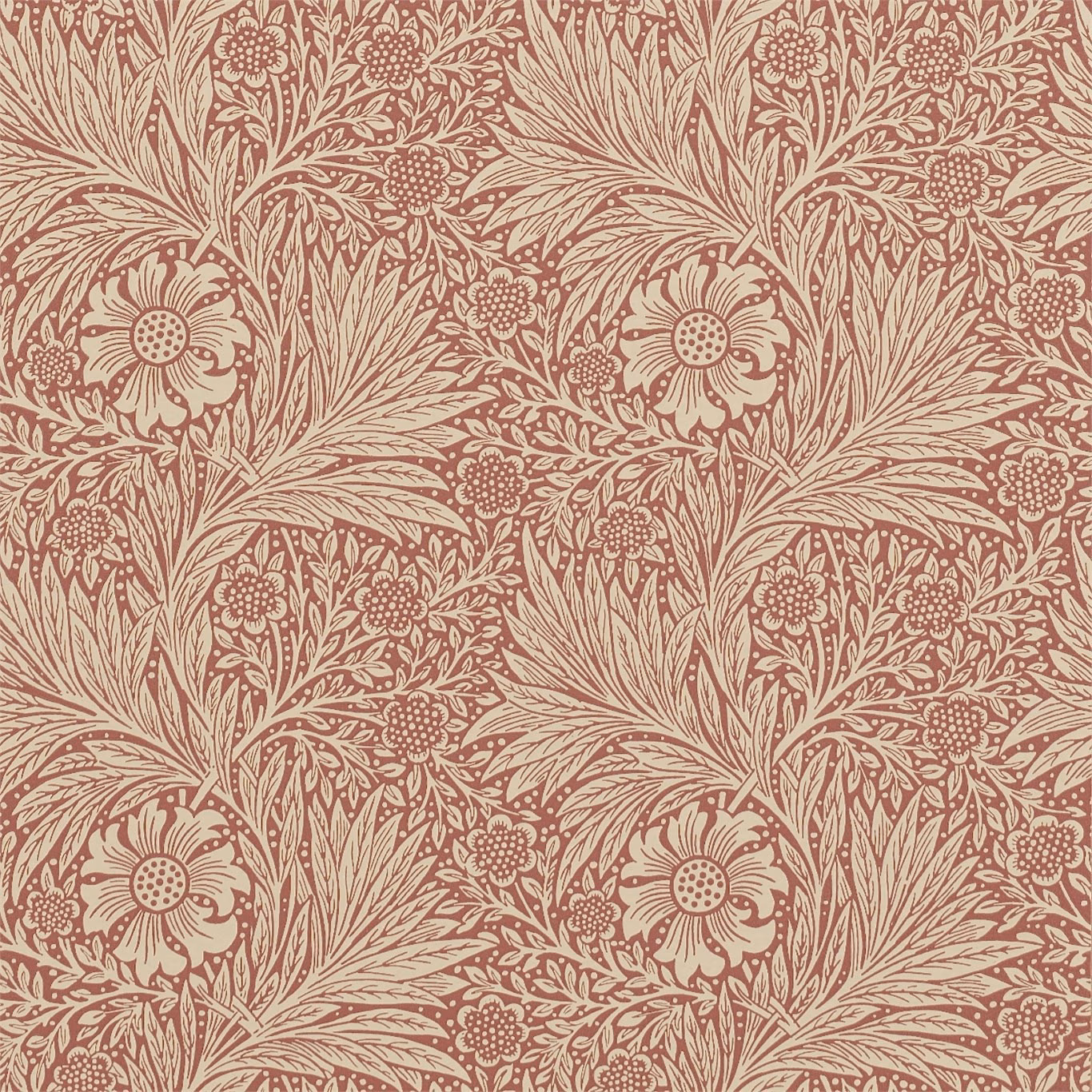 Muted brick wallpaper with manilla flowers, seed heads and sweeping foliage