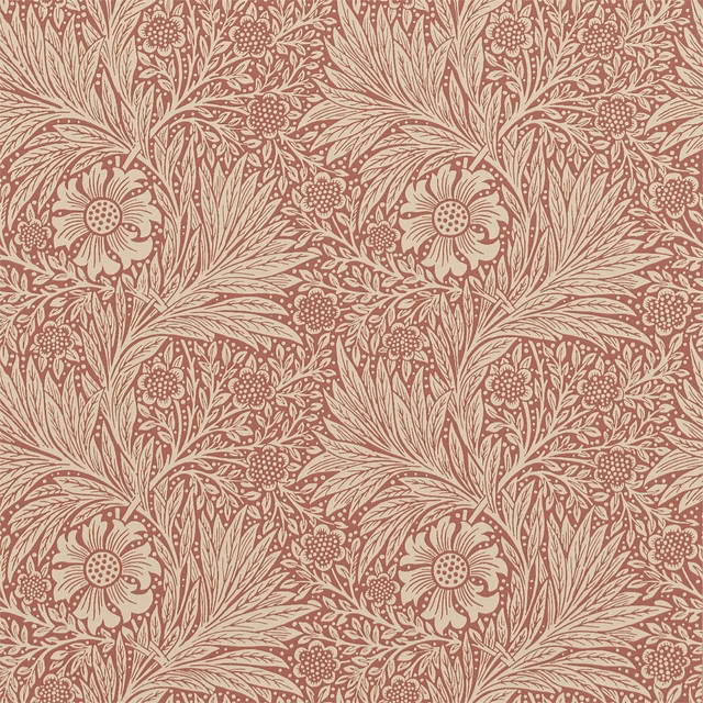 Muted brick wallpaper with manilla flowers, seed heads and sweeping foliage