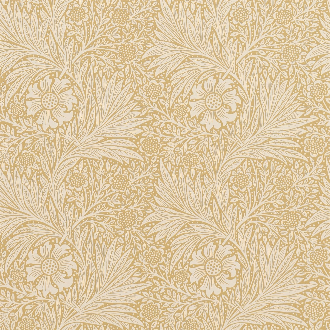 Muted marigold-gold wallpaper with cream botanical flowers, leaves and curling stems