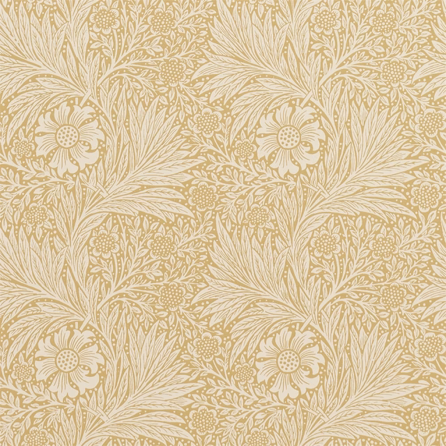 Muted marigold-gold wallpaper with cream botanical flowers, leaves and curling stems