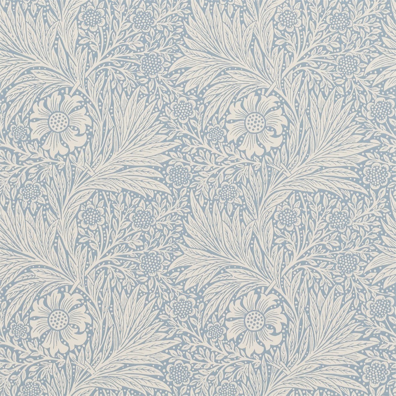 Soft Wedgwood blue wallpaper with ivory flowers, leafy sprays and trailing vines