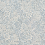 Soft Wedgwood blue wallpaper with ivory flowers, leafy sprays and trailing vines
