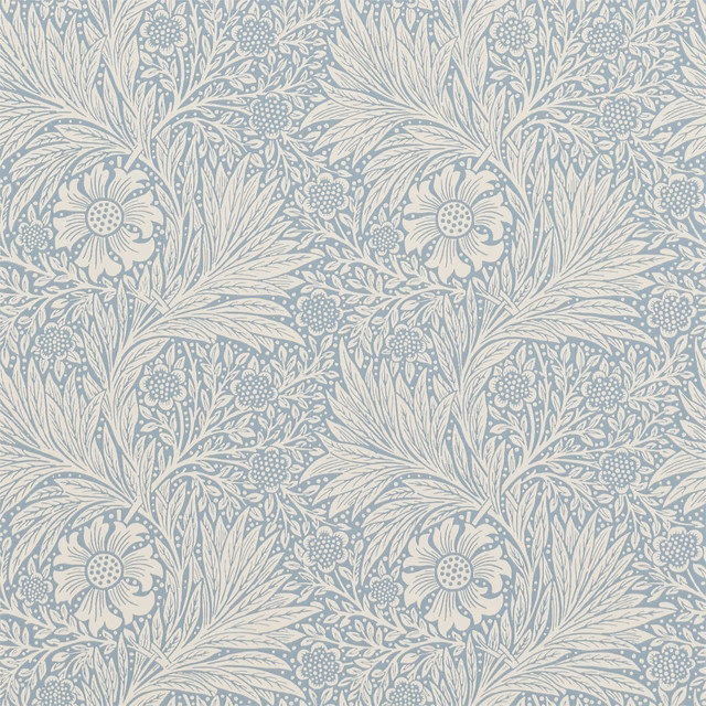 Soft Wedgwood blue wallpaper with ivory flowers, leafy sprays and trailing vines