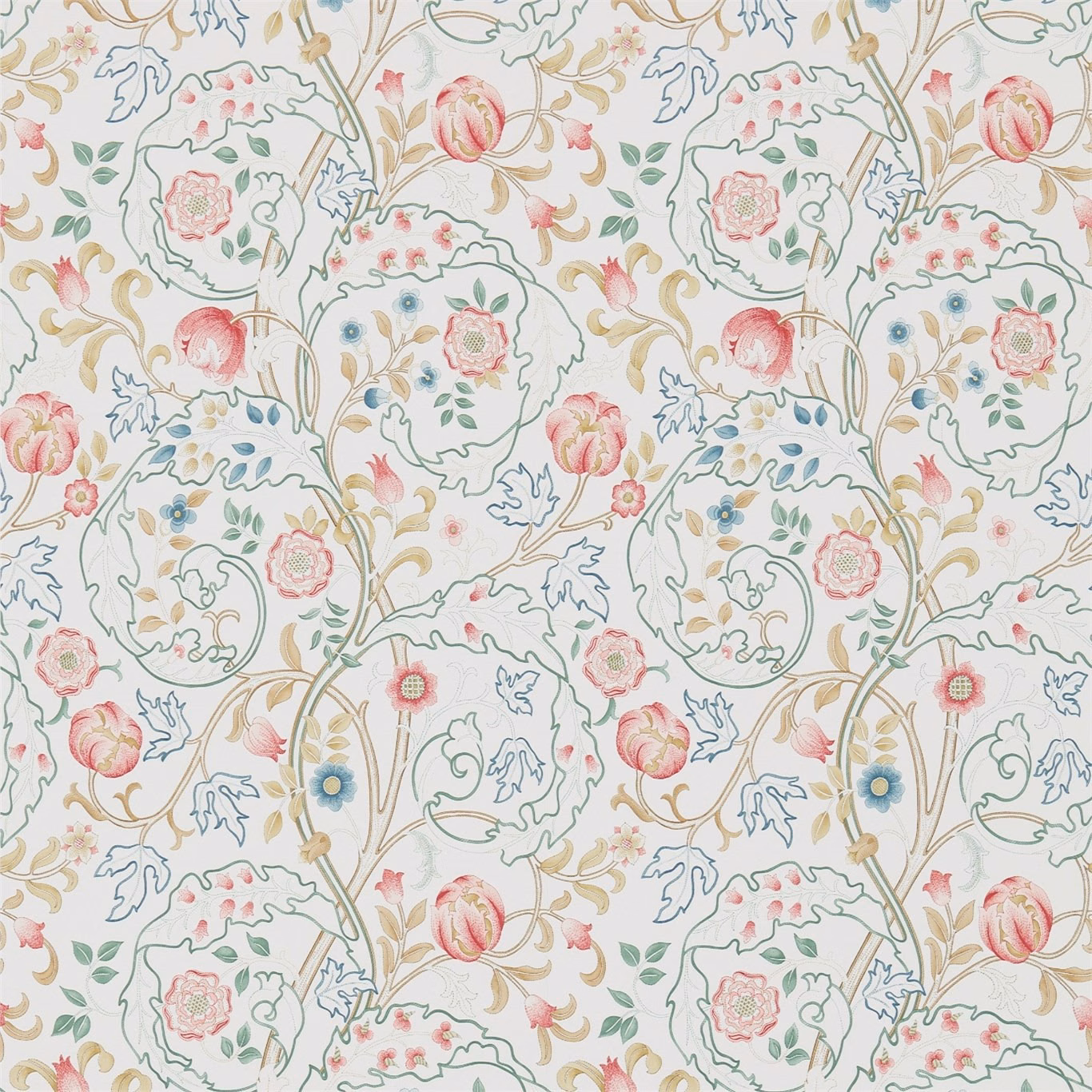 Rose-pink floral wallpaper on ivory with blue-green leaves and scrolling gold stems