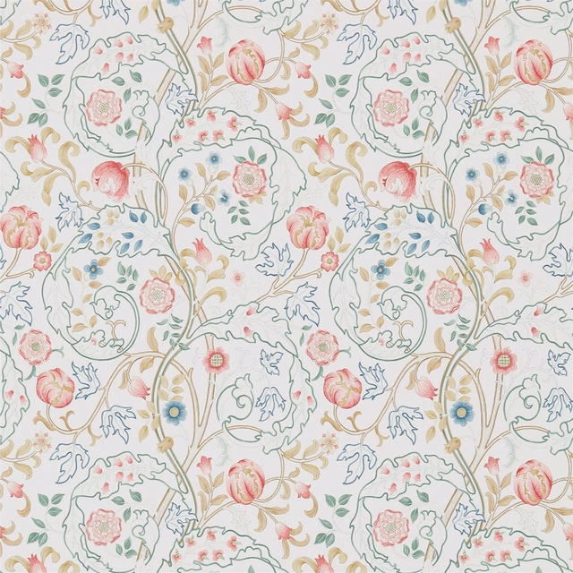 Rose-pink floral wallpaper on ivory with blue-green leaves and scrolling gold stems