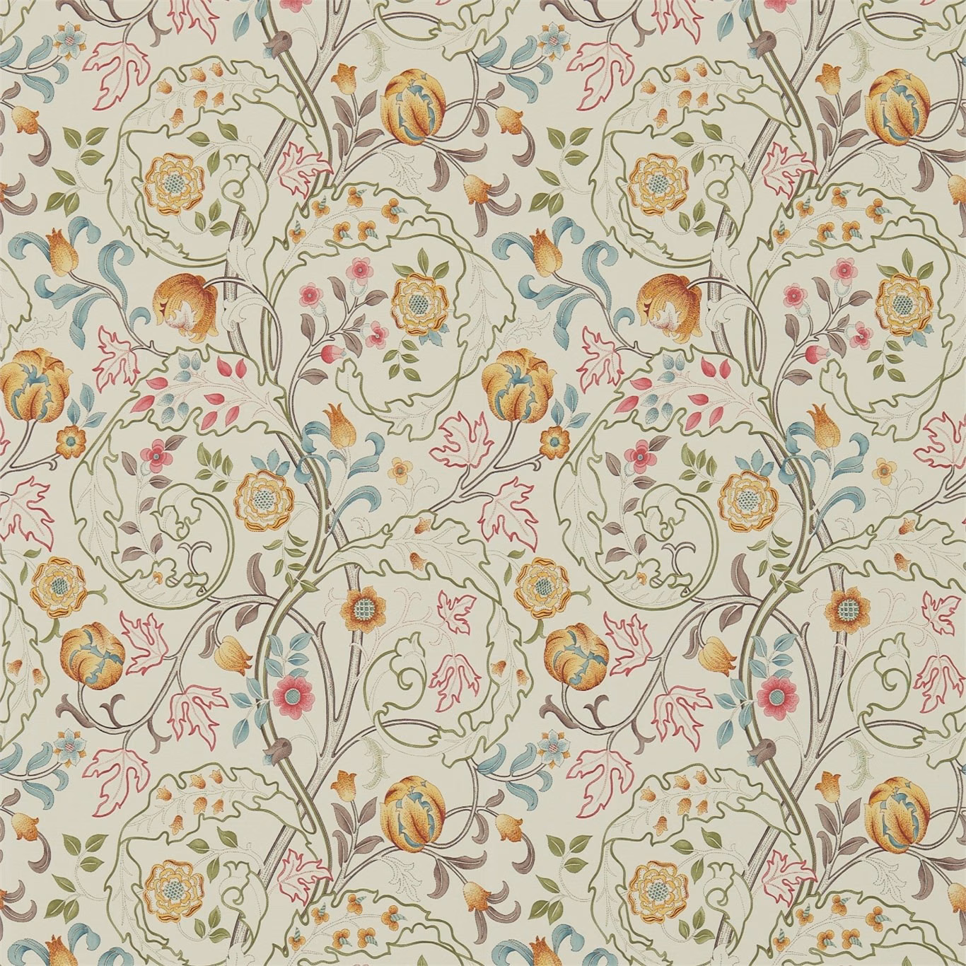Pale taupe wallpaper with russet blooms, blue accents and scrolling botanical stems
