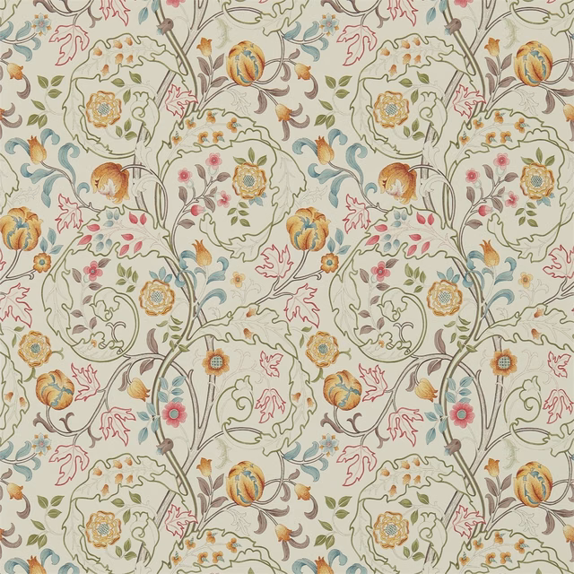 Pale taupe wallpaper with russet blooms, blue accents and scrolling botanical stems