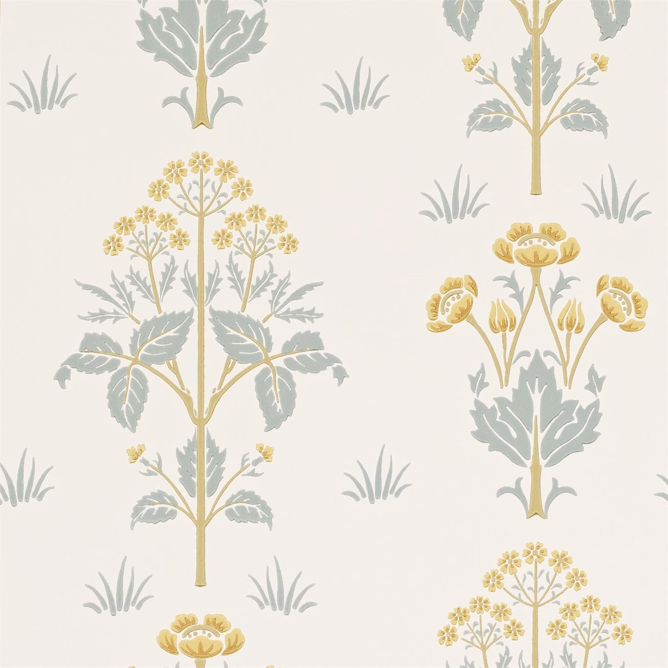 Cream wallpaper with tall gold botanicals, muted slate leaves and clustered floral motifs