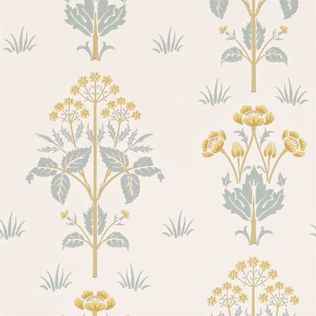 Cream wallpaper with tall gold botanicals, muted slate leaves and clustered floral motifs