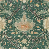 Deep forest-teal wallpaper with cream florals, coral accents and ornate scrolling foliage
