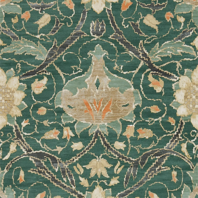 Deep forest-teal wallpaper with cream florals, coral accents and ornate scrolling foliage