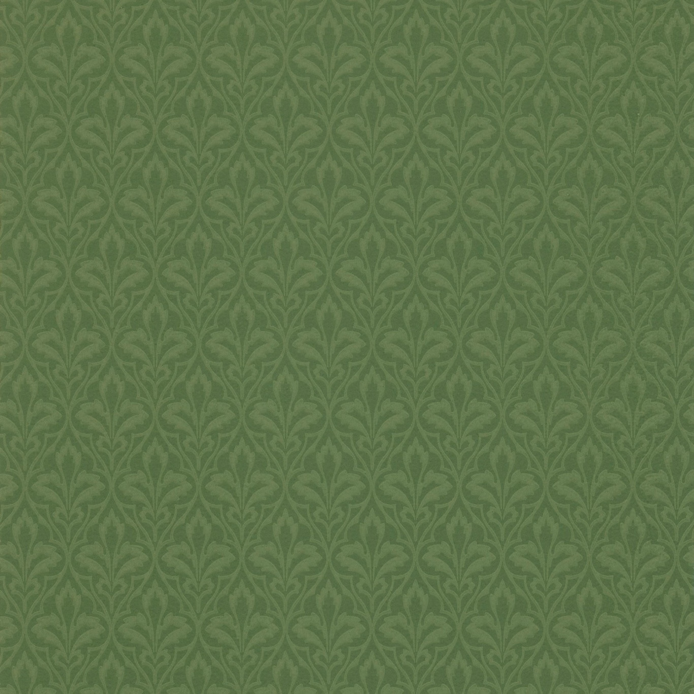Tonal forest green wallpaper with repeating acanthus leaves in a shadowed damask layout