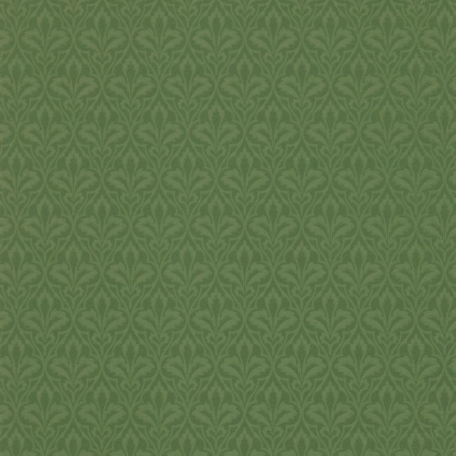 Tonal forest green wallpaper with repeating acanthus leaves in a shadowed damask layout