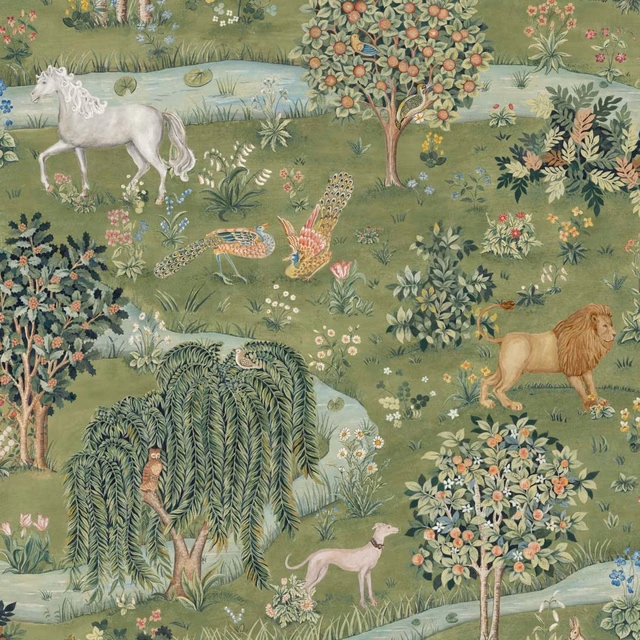Bayleaf green Owl & Willow scene with orange blossoms, horse, lion and willow trees