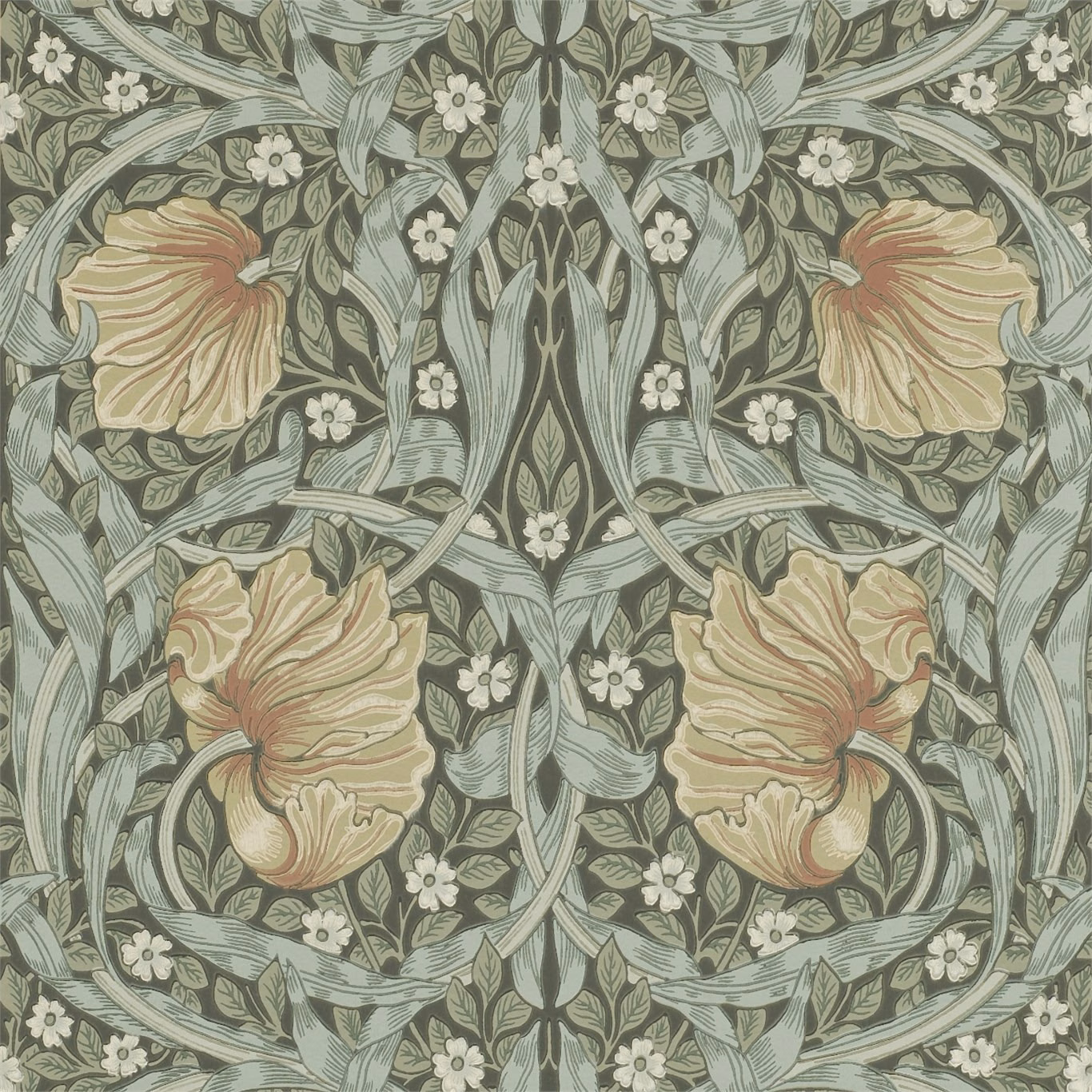 Olive botanical wallpaper with sage leaves, cream flowers and muted coral blooms