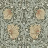 Olive botanical wallpaper with sage leaves, cream flowers and muted coral blooms