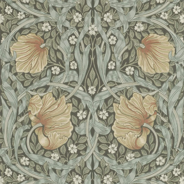Olive botanical wallpaper with sage leaves, cream flowers and muted coral blooms