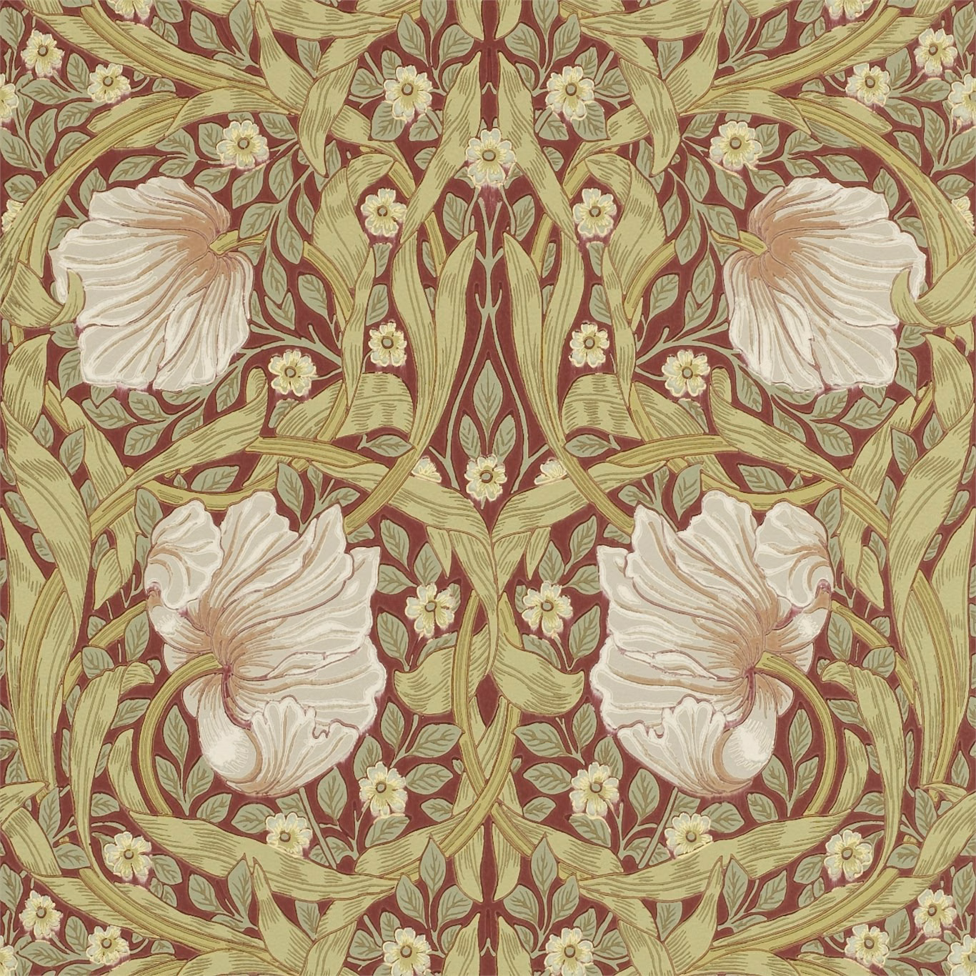 Brick-red wallpaper with olive scrolling leaves, cream poppies and small ivory flowers