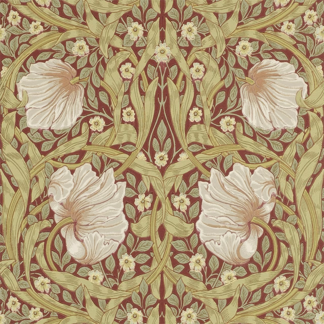 Brick-red wallpaper with olive scrolling leaves, cream poppies and small ivory flowers