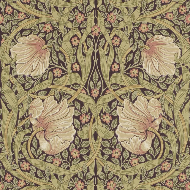 Olive floral wallpaper with russet blossoms, cream blooms and curling leafy vines
