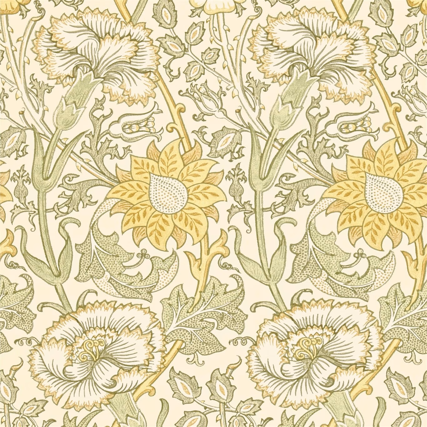 Cream botanical wallpaper with sage foliage, pale blooms and ochre flowers