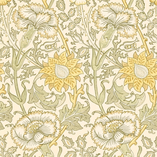 Cream botanical wallpaper with sage foliage, pale blooms and ochre flowers