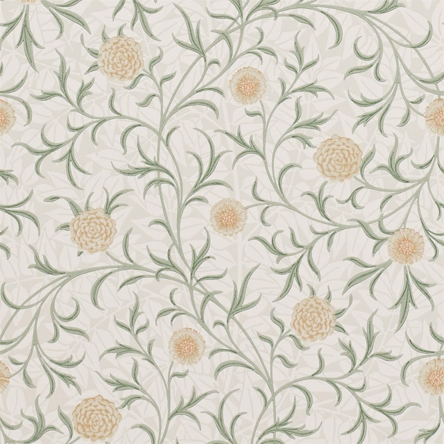 Pale sage scrolls and cream flowerheads on a pear-green botanical wallpaper