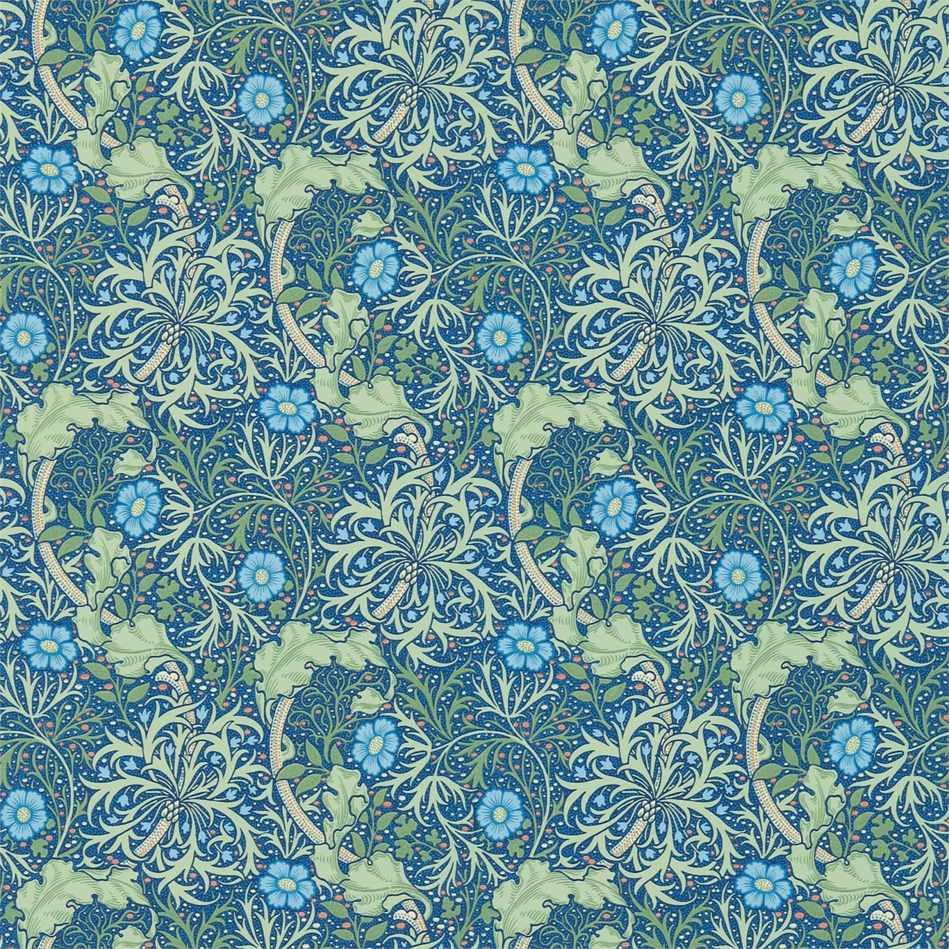 Dense cobalt and thyme wallpaper with curling foliage and pale blue flowers