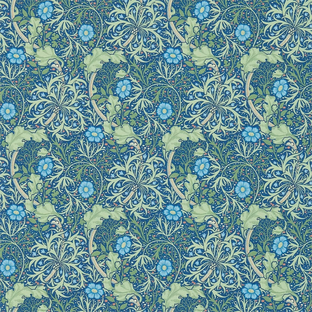 Dense cobalt and thyme wallpaper with curling foliage and pale blue flowers