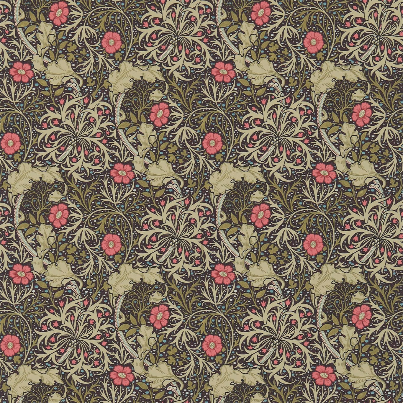 Ebony-olive wallpaper with pink poppies, pale scrolling foliage and a dense ornamental repeat