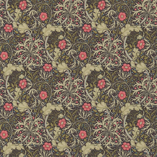 Ebony-olive wallpaper with pink poppies, pale scrolling foliage and a dense ornamental repeat