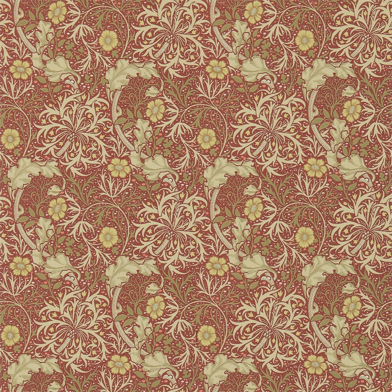 Warm red wallpaper with gold-olive flowers and curling botanical stems