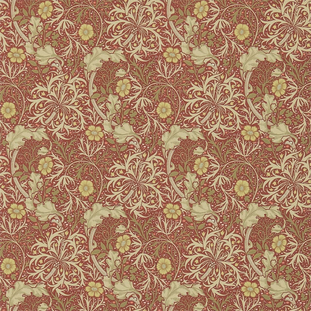 Warm red wallpaper with gold-olive flowers and curling botanical stems