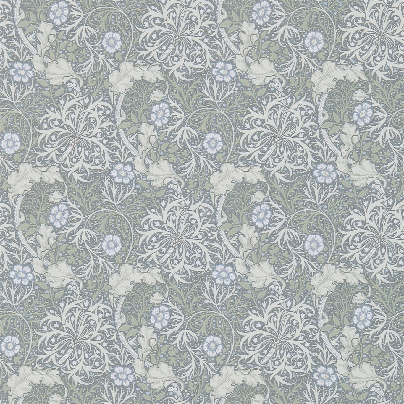 Seaweed grey Morris wallpaper with ecru birds, scrolling foliage and pale blue flowers