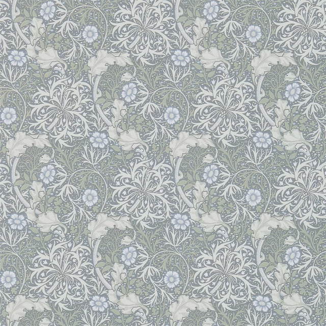 Seaweed grey Morris wallpaper with ecru birds, scrolling foliage and pale blue flowers