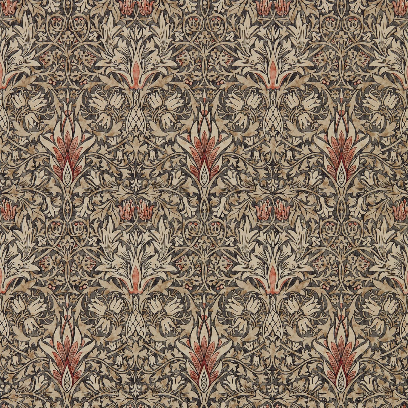 Charcoal wallpaper with cream foliage, terracotta spice buds and dense mirrored botanical detail
