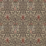 Charcoal wallpaper with cream foliage, terracotta spice buds and dense mirrored botanical detail