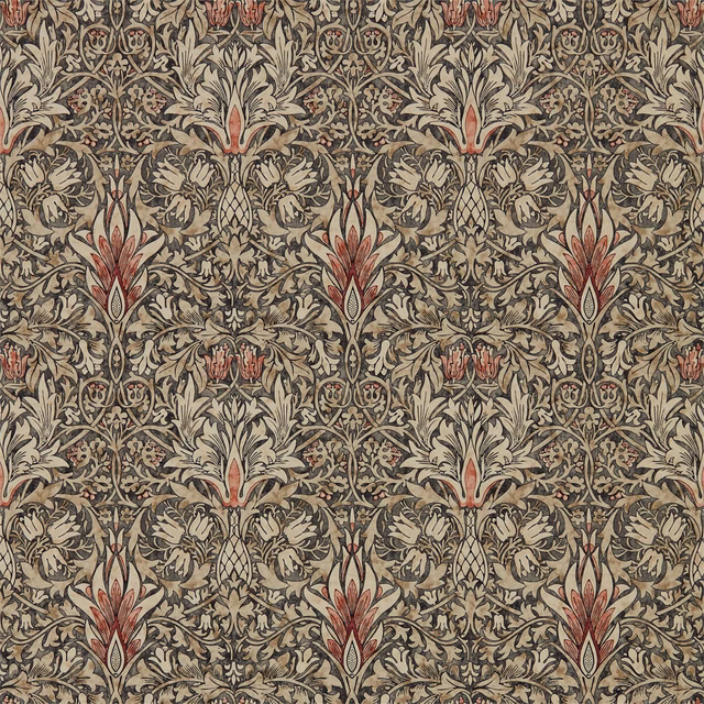 Charcoal wallpaper with cream foliage, terracotta spice buds and dense mirrored botanical detail