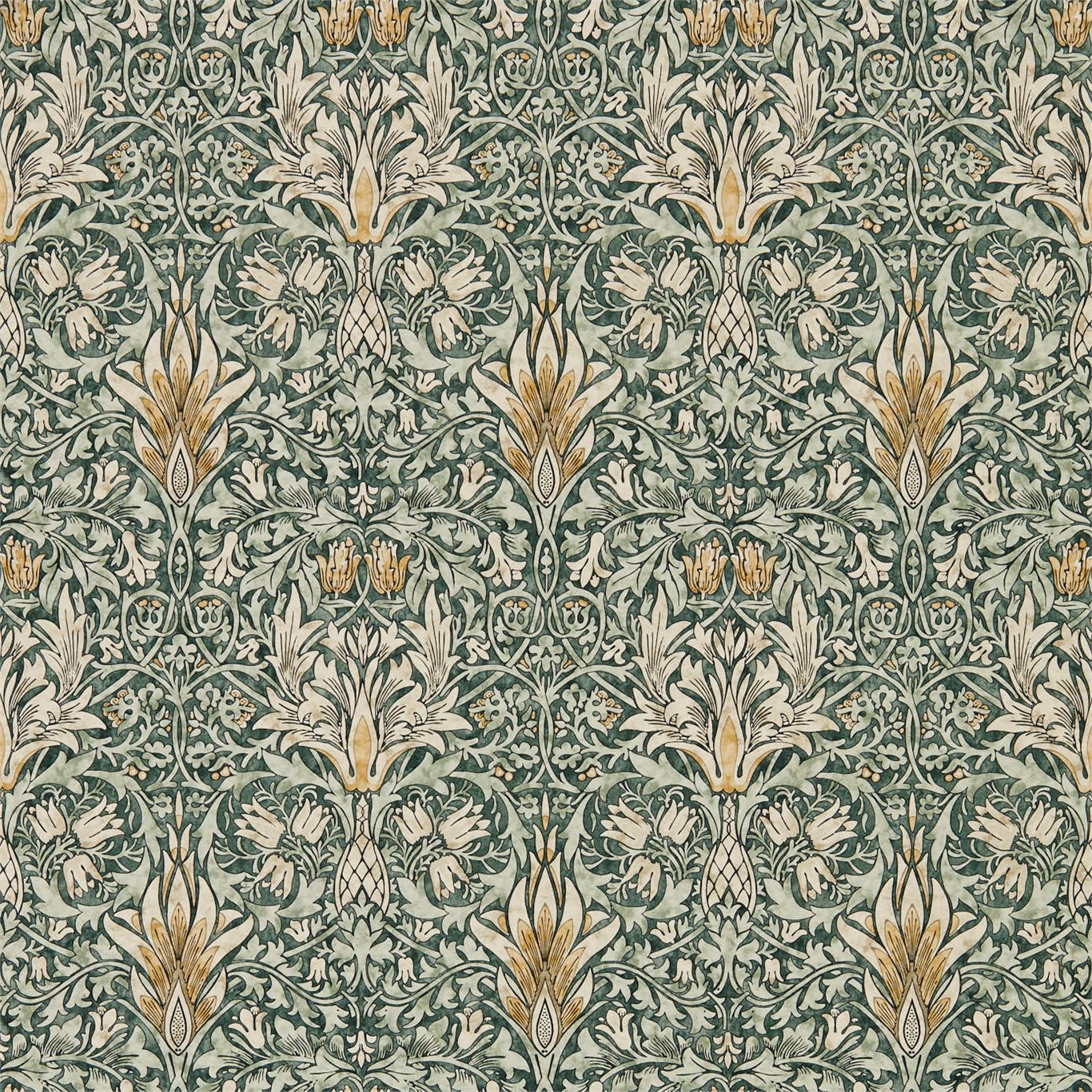 Sage and forest green Snakeshead wallpaper with cream foliage and ochre flower centres