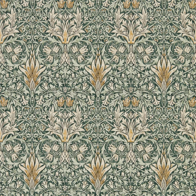 Sage and forest green Snakeshead wallpaper with cream foliage and ochre flower centres