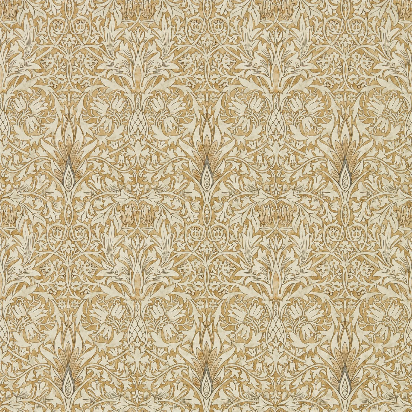 Warm gold Snakeshead foliage in pale linen, with dense symmetrical scrolling detail