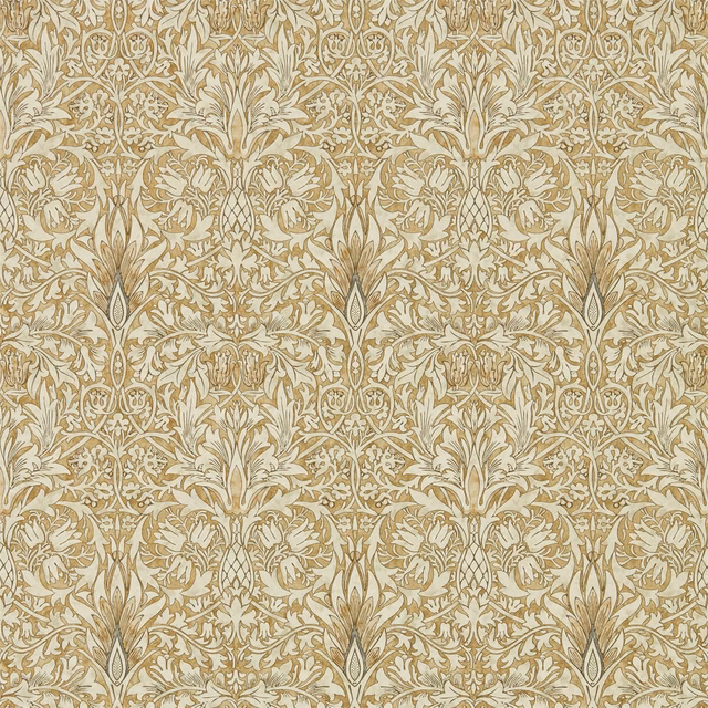 Warm gold Snakeshead foliage in pale linen, with dense symmetrical scrolling detail