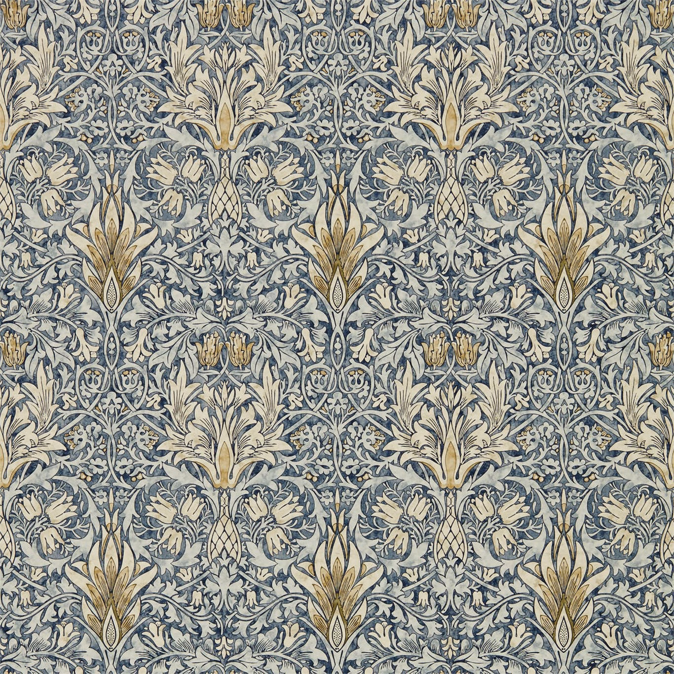 Indigo blue wallpaper with ivory scrolling leaves and cumin-gold floral accents