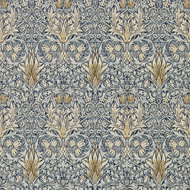 Indigo blue wallpaper with ivory scrolling leaves and cumin-gold floral accents