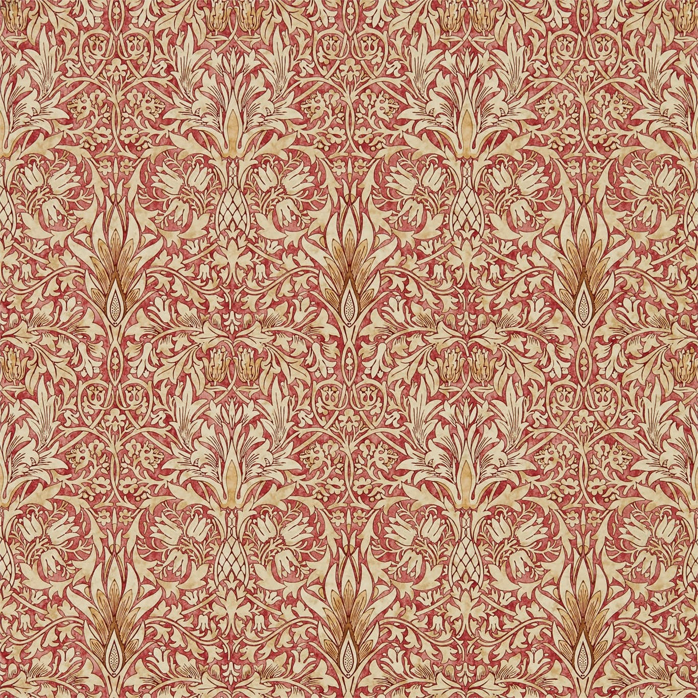 Madder-red and gold wallpaper with dense symmetrical leaves, flowers and scrolling damask detail