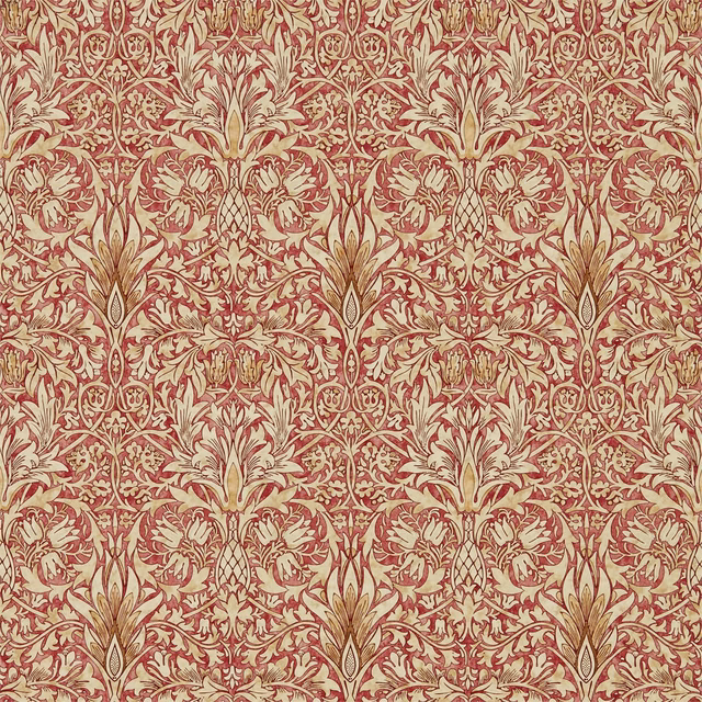 Madder-red and gold wallpaper with dense symmetrical leaves, flowers and scrolling damask detail